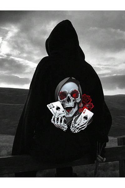 aynewmoda Скелет, държащ карти за игра, черен суитшърт с качулка, голям размер, с щампа на Хелоуин