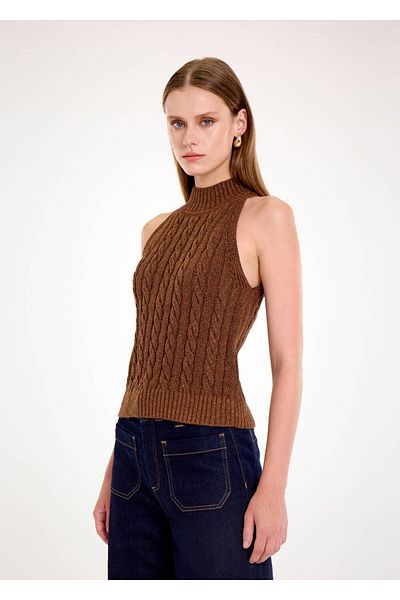 Knitss Кафяв блестящ плетен пуловер с коса