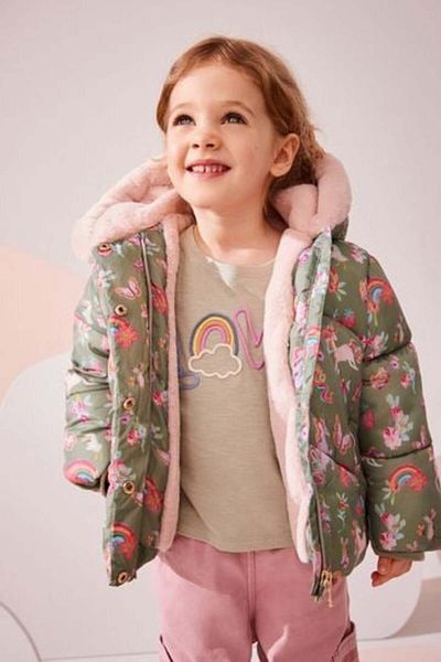 Next Baby Green Unicorn Patterned Full Fleece Lined Hooded Coat