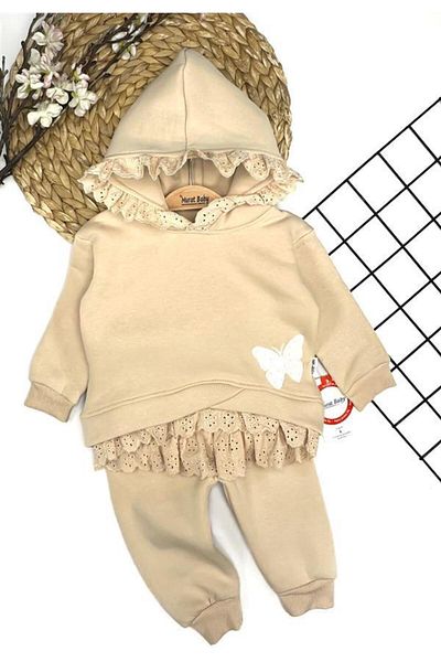 BOYS AND GİRLS Beige Girl's Set - Lace Detailed, Butterfly Patterned Set of 2 2-5