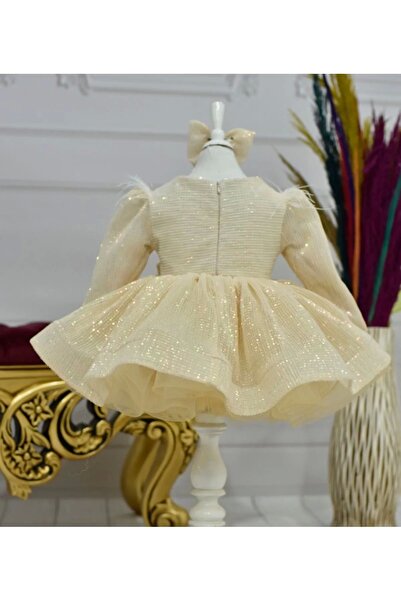 Diyefori Girl - Long Sleeve Puffy Dress with Sequins, Low Cut and Feather Detail