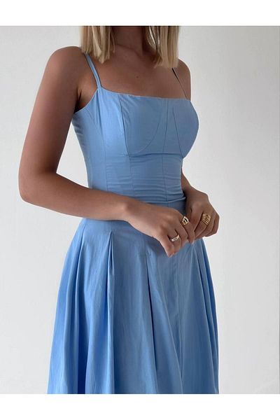 popibutik Tesatura Popeline Albastra - Rochie Midi Fusta Pliata Forma Corset Cu Bretele Subtiri