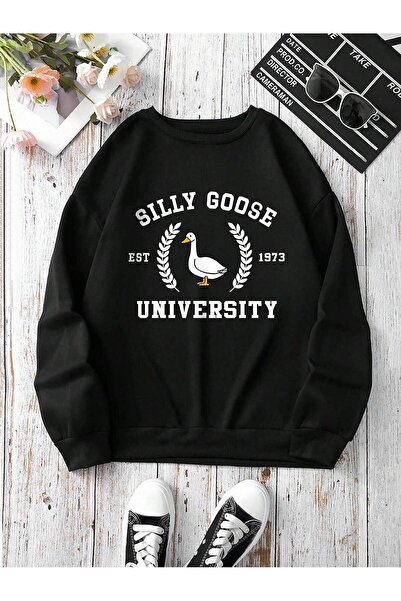 Mythologie Silly Goose Thick Winter Sweatshirt - Black Printed Oversize Raised Crew Neck