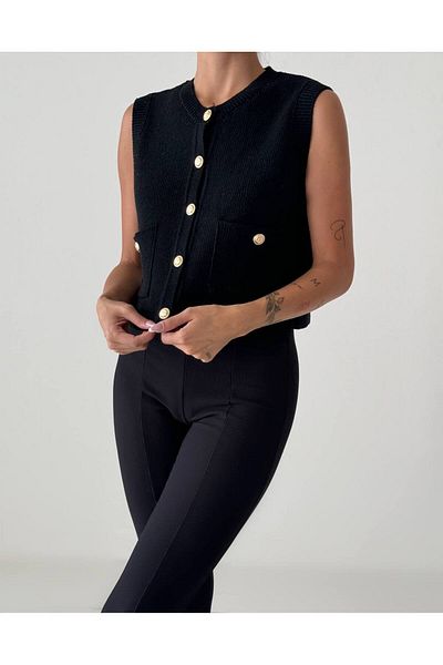 My Blog Black Sophia Buttoned Knitwear Sweater with Pockets-4495