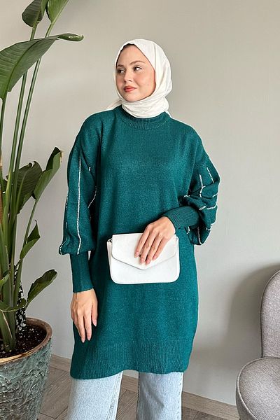InStyle Πλεκτό πουλόβερ Pearl Emerald Green με σειρές στα μανίκια
