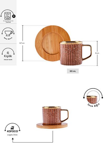 Karaca Set cești de cafea colorate pentru 6 persoane cu tavă din bambus cadou 90 ml