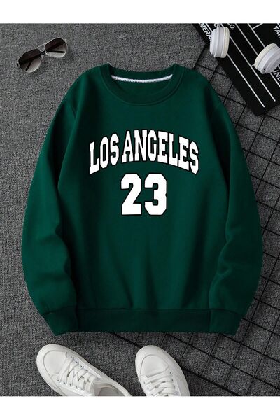 SeusCraft Лос Анджелис 23 Дебела зимна блуза - Нефтено зелено с принт, прекал...