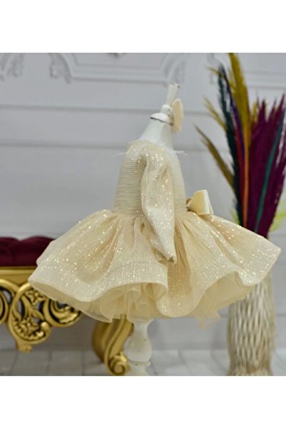 Diyefori Girl - Long Sleeve Puffy Dress with Sequins, Low Cut and Feather Detail