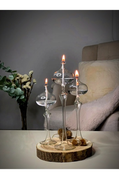 Shabbo Glass Elips ayaklı cam kandil 3'lü set, şeffaf ve şık tasarım