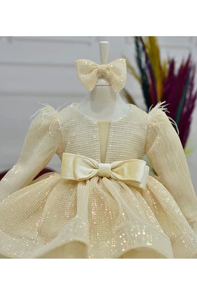 Diyefori Girl - Long Sleeve Puffy Dress with Sequins, Low Cut and Feather Detail
