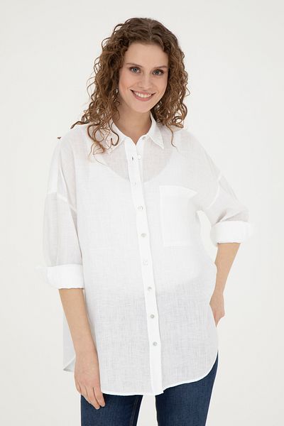 U.S. Polo Assn. Cămașă cu mânecă lungă din in alb pentru femei 50285878-VR013