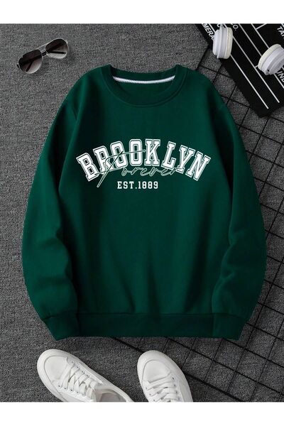 Mythologie Brooklyn 1889 Thick Winter Sweatshirt - Nefti Green Printed Oversi...
