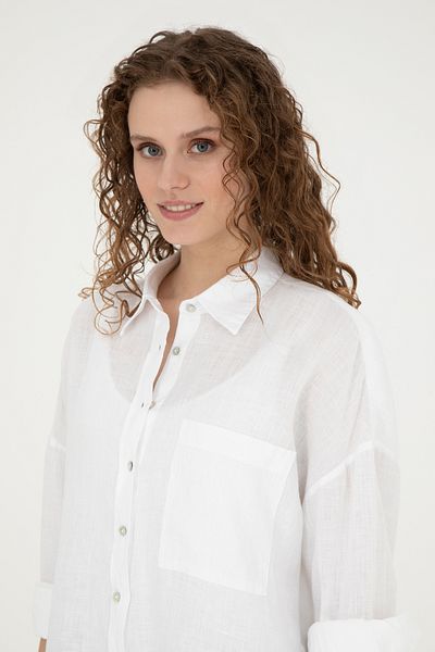U.S. Polo Assn. Cămașă cu mânecă lungă din in alb pentru femei 50285878-VR013