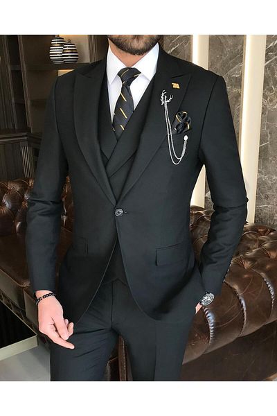 TerziAdemAltun Italian Style Slim Fit Men's Jacket Vest Pants Suit Black T9131