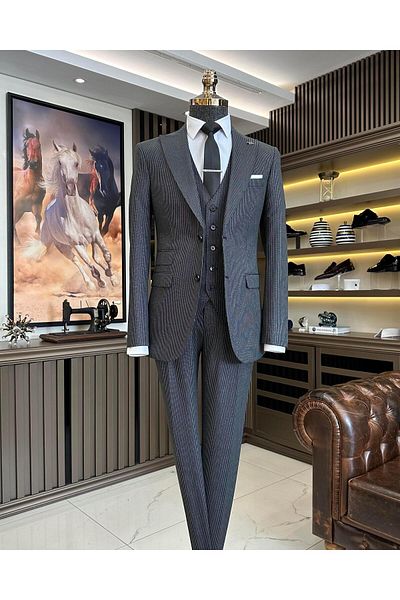 TerziAdemAltun Italian style striped jacket vest pants suit anthracite T10728