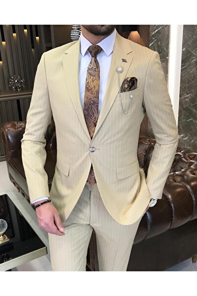 TerziAdemAltun Italian Style Slim Fit Striped Men Jacket Pants Suit Camel T8671
