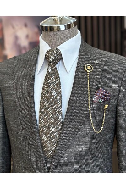 TerziAdemAltun Καφέ Slim Fit ιταλικό κοστούμι - σακάκι, γιλέκο, παντελόνι T10337