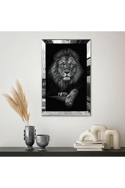 Zevahir Mobilya Dekorasyon Masă unică din MDF Asil Lion alb-negru cu cadru din plexiglas cu oglindă argintie