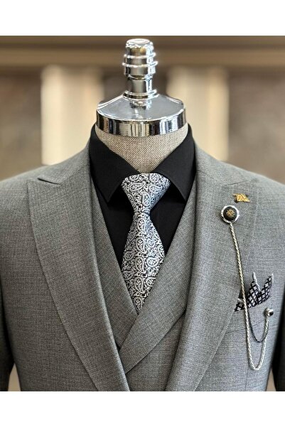 TerziAdemAltun İtalyan stil slim fit erkek ceket yelek pantolon takım elbise Gri T10785