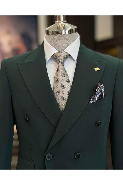 TerziAdemAltun Green Slim Fit Italian Style Double Breasted Jacket and Pants Set - T10280