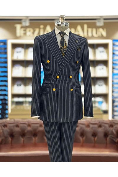 TerziAdemAltun Navy Blue Italian Style 8 Drop Striped Double Breasted Jacket and Trousers Set - T10701