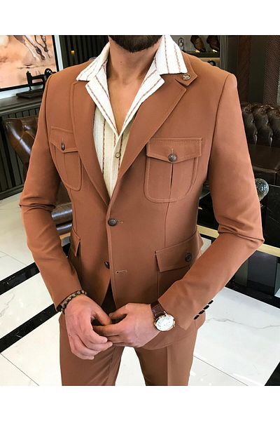 TerziAdemAltun italian style slim fit wool blended lycra safari jacket pants suit camel T9581
