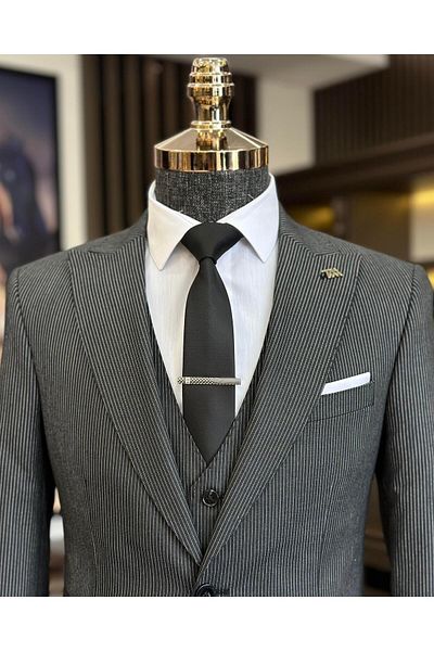 TerziAdemAltun Italian style striped jacket vest pants suit anthracite T10728