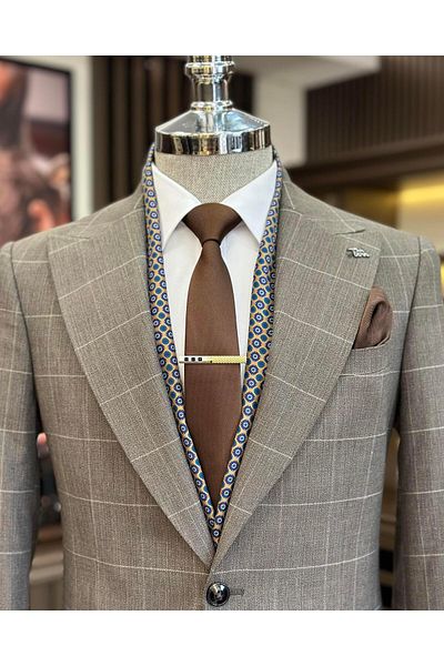 TerziAdemAltun Pantaloni în carouri în stil italian costum portocaliu T10719