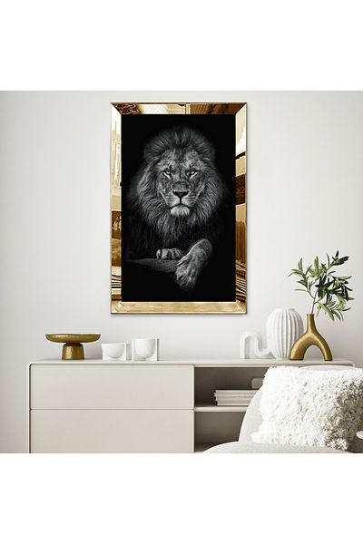 Zevahir Mobilya Dekorasyon Ασπρόμαυρο Noble Lion Μονό Τραπέζι MDF με χρυσό καθρέφτη από πλεξιγκλάς κορνίζα και μαύρο φόντο