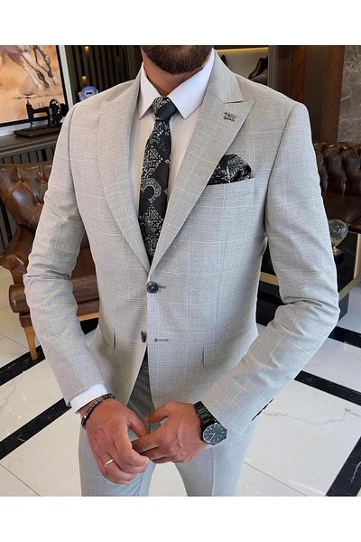TerziAdemAltun Italian style slim fit plaid jacket pants suit gray T9559