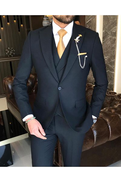 TerziAdemAltun Italian Style Slim Fit Men's Jacket Vest Pants Suit Navy Blue T9134