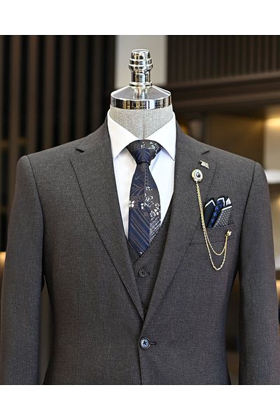 TerziAdemAltun Men's Suit - Brown, Classic Fit, Jacket, Vest and Pants T11108