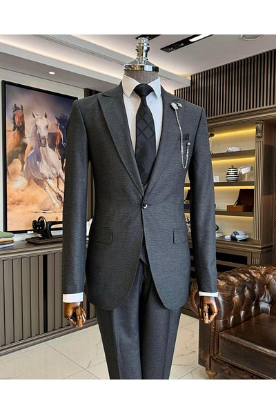 TerziAdemAltun Black Slim Fit Italian Style Men's Jacket and Vest Set - T11028