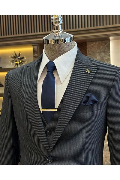 TerziAdemAltun Navy Italian Style Striped Suit - Jacket, Vest and Trousers T10729