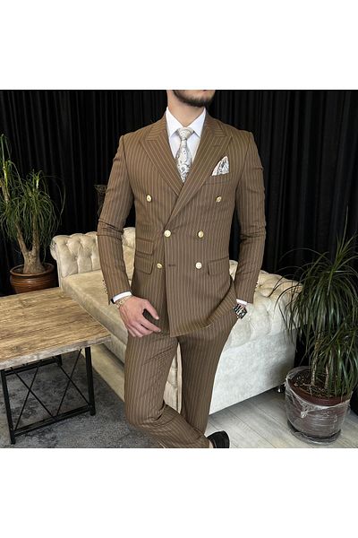 TerziAdemAltun Rochie maro cu dungi în stil italian 8 - Set jachetă și pantaloni la două piept T10708