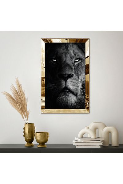 Zevahir Mobilya Dekorasyon Μαύρο και άσπρο Τραπέζι Lion Single MDF με κορνίζα από πλεξιγκλάς με χρυσό καθρέφτη