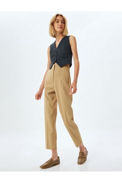 Koton High Waist Pocket Fabric Trousers - Cigarette Form, Collar Detail