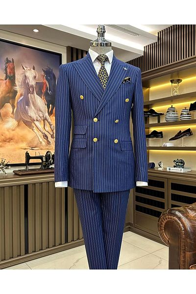 TerziAdemAltun Italian style double-breasted jacket pants suit Navy blue T9939