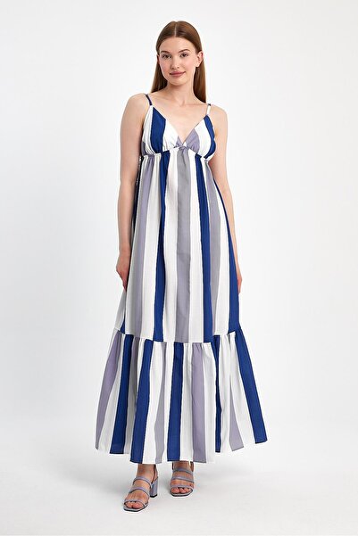 OOPS Boyuna Çizgili Ayarlanabilir Askılı Uzun Elbise