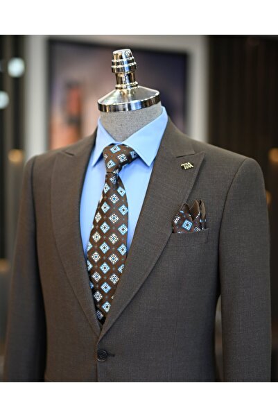 TerziAdemAltun Ανδρικό Slim Fit Σετ Μπουφάν και Γιλέκο Ιταλικού Στιλ - Καφέ T11021