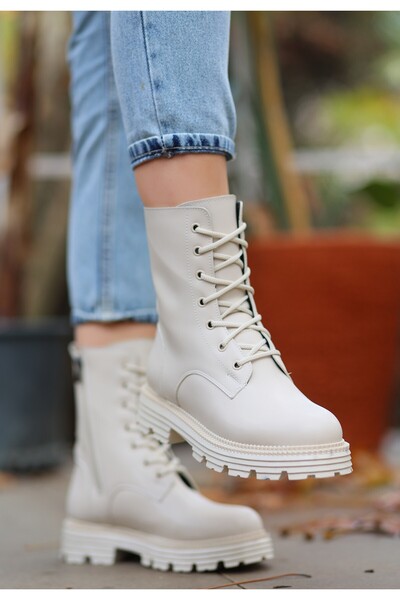 BESKAR Beige Bria - Leather Laced Boots