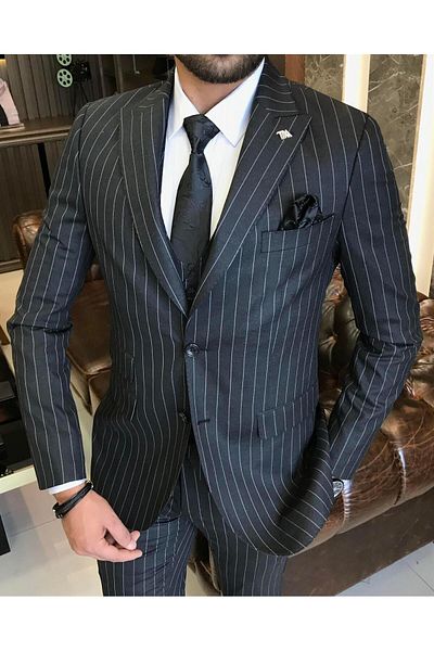 TerziAdemAltun Italian style striped jacket vest pants suit Anthracite T9929