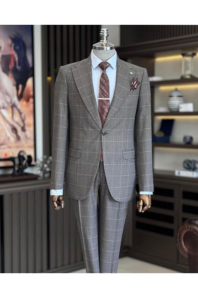 TerziAdemAltun Plaid Patterned Italian Style Jacket and Trousers Set - Brown T10720