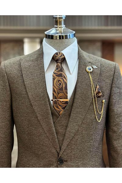 TerziAdemAltun Brown Slim Fit Italian Style Dress - Jacket, Vest and Pants Set T9953
