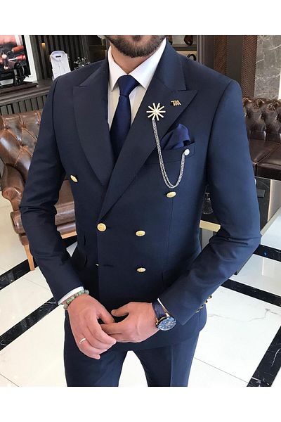 TerziAdemAltun Navy Blue Double Breasted Jacket and Trousers Set - Italian Style T4339