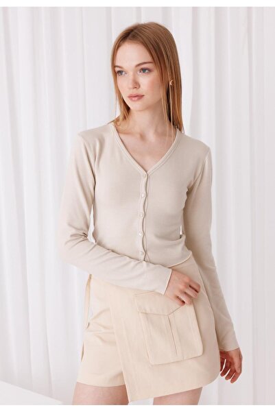 TUBİA Γυναικεία ζακέτα σε μπεζ χρώμα με κουμπιά χωρίς ραφή, μαλακή ζακέτα