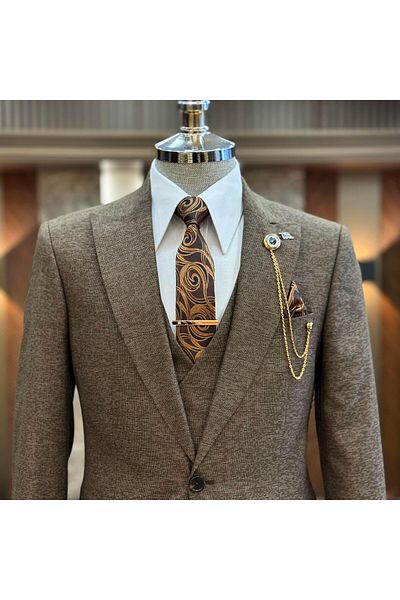 TerziAdemAltun Italian Style Slim Fit 8 Drop Vest and Trousers Set - Brown T9972