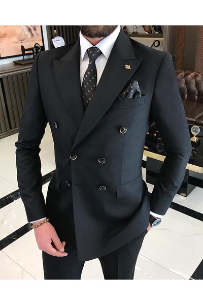 TerziAdemAltun Black Slim Fit Italian Style Double Breasted Jacket and Pants Set - T5324