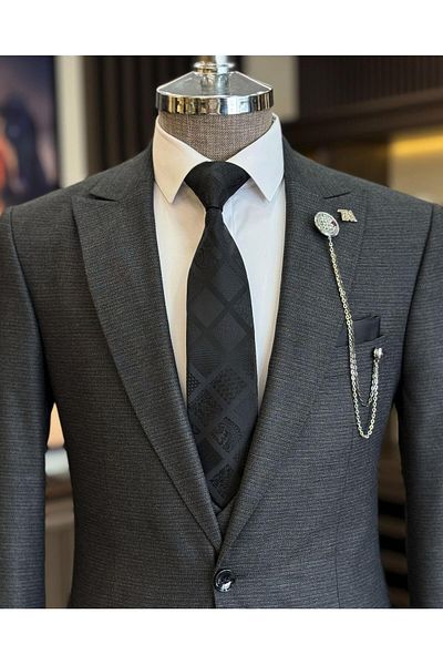 TerziAdemAltun Black Slim Fit Italian Style Men's Jacket and Vest Set - T11028