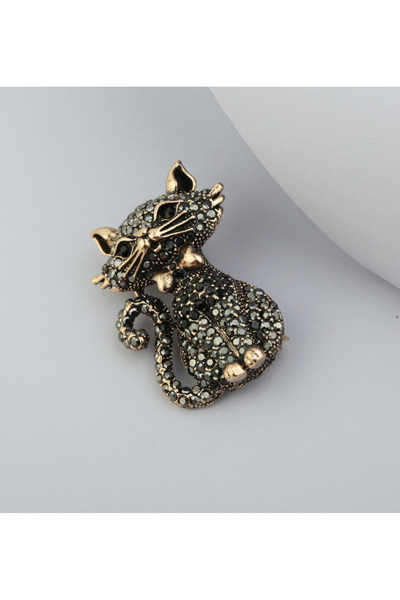 Ceso Accesories BRONZ KAPLAMA ZİRKON TAŞLI KEDİ BROŞ